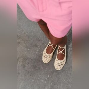 Zara Knit Cream Ivory Crochet Flats Ballerina Straps Ankle Size 8
